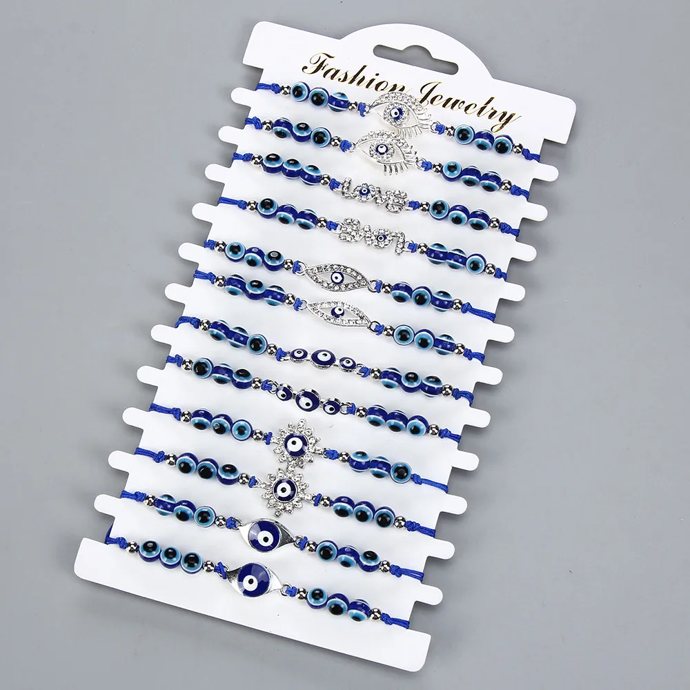 12pcs/компл., плетеные веревочные браслеты для женщин, мужчин, синие круглые бусины, браслет от сглаза, ручная мода, дружба, ювелирные изделия, подарок на Хэллоуин