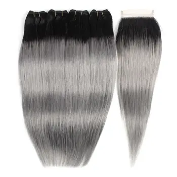 1B Темно-серые прямые пучки из натуральных волос с кружевной застежкой 4x4 предварительно выщипанные бразильские волосы Remy Наращивание 95-100 г / шт двойной уток