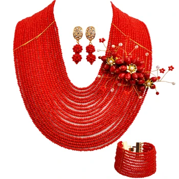 20 рядов 4 мм непрозрачный красный кристалл бисер африканская свадьба свадебные ювелирные украшения наборы костюм ожерелье браслет серьги