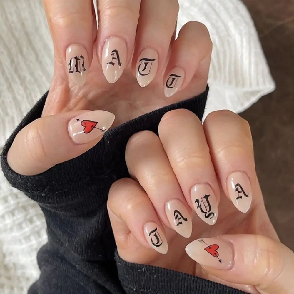 24pcs Типсы для ногтей Миндаль Балерина Рельефный стиль Накладные ногти Французские накладные ногти День святого Валентина