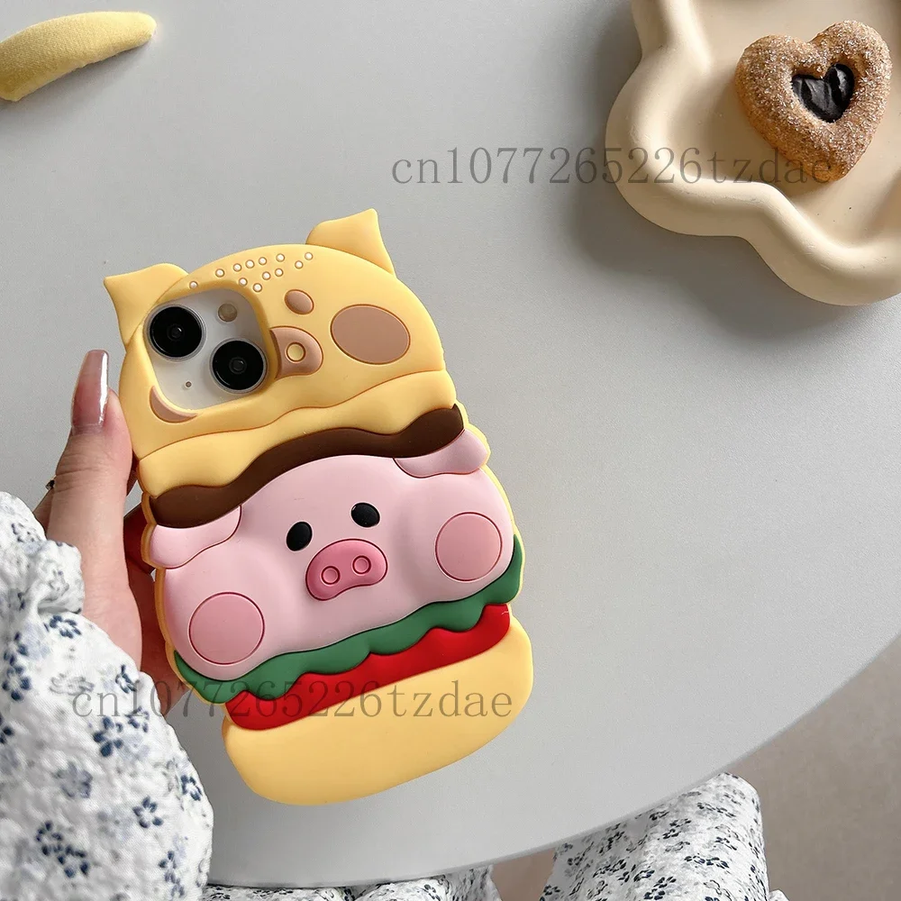 3D Розовый Piggy Pig Burger Kawaii Противоскользящий чехол для телефона для Iphone 11 12 13 14 15 Pro Max XS XR Fashion Ins Подарок