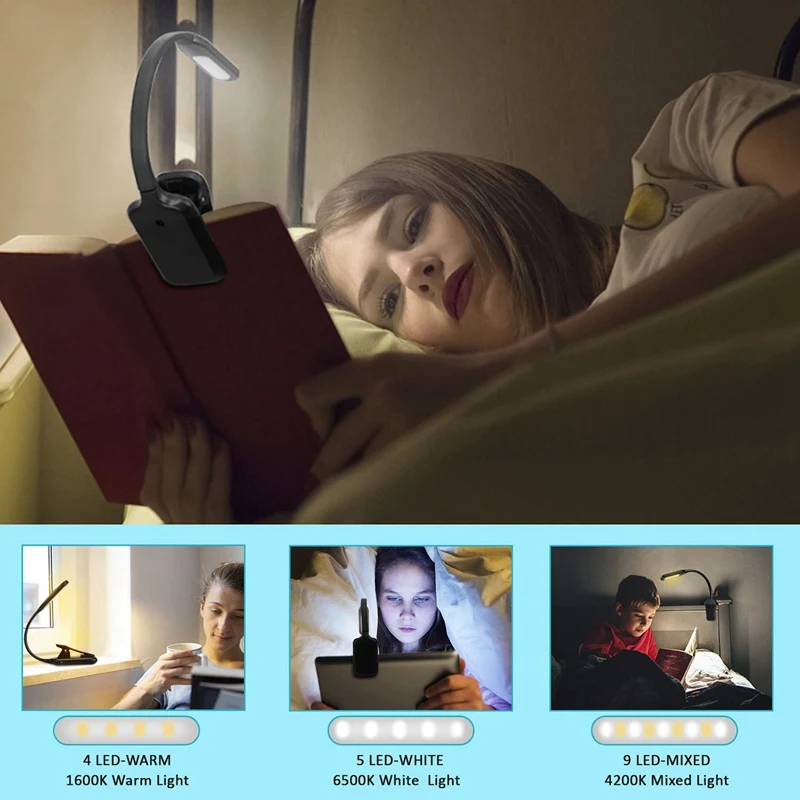 9 светодиодный светильник для чтения в постели с 3 яркостями, легко надеваемая лампа для чтения