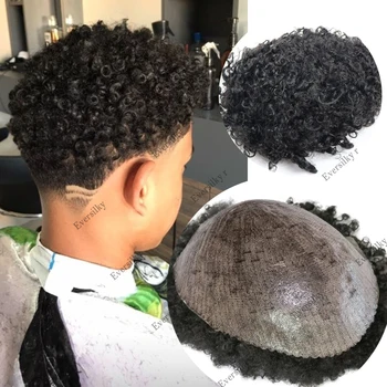 Afro Kinky Мужской парик 12 мм Кудрявые волосы Блок Jet Black Мужской тонкий парик SKin Pu 100% волосы Афроамериканская система замены