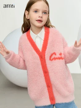 AMII Kids 2023 Детские массивные свитера для девочек Новые зимние контрастные строчки Свободный плюшевый мягкий трикотаж Теплое пальто 22344021