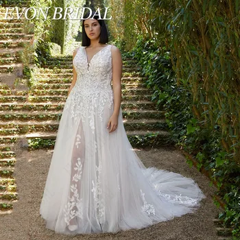 EVON BRIDAL Элегантное свадебное платье больших размеров без рукавов А-силуэта с боковым раздельным разделом аппликации V-образным вырезом с открытой спиной свадебные платья Vestido De Novia