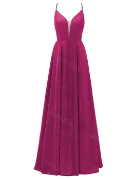Glitter A Line Выпускное платье для женщин Спагетти на бретелях Коктейльное платье с открытой спиной Длинное вечернее платье без рукавов ON29