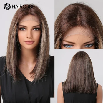 HAIRCUBE HD Прозрачный кружевной передний парик Remy из человеческих волос прямой парик средней длины из натуральных волос для женщин афро бесклеевой коричневый парик