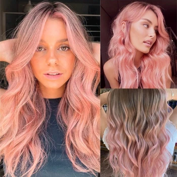 HAIRCUBE Розовые синтетические парики омбре длинные натуральные волнистые волосы темные корни искусственные волосы для женщин с челкой Ежедневные парики из волокна на Хэллоуин
