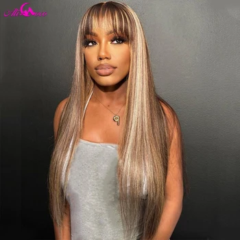 Highlight Blonde 13x4 Lace Front Human Hair Wig With Bang Straight Body Wave Предварительно выщипанные прозрачные кружевные человеческие волосы для женщин