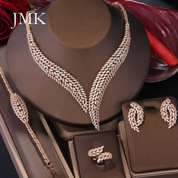 JMK Bridal 18k Позолоченные 4 шт. Ювелирные изделия Женские Саудовские Дубайские Золотые Ювелирные Изделия Благородные Свадебные Серьги Ожерелья Прямая Поставка
