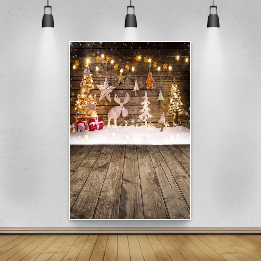 Laeacco Рождественские деревянные доски Фон Свет Боке Горошек Снежные колокольчики Подарки Ребенок Фотозвонок Плакат Фотографический фон