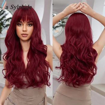 LaSylphide Длинный красный парик с челкой Синтетические парики для женщин Волна Хэллоуин Косплей Высококачественные натуральные термостойкие волосы