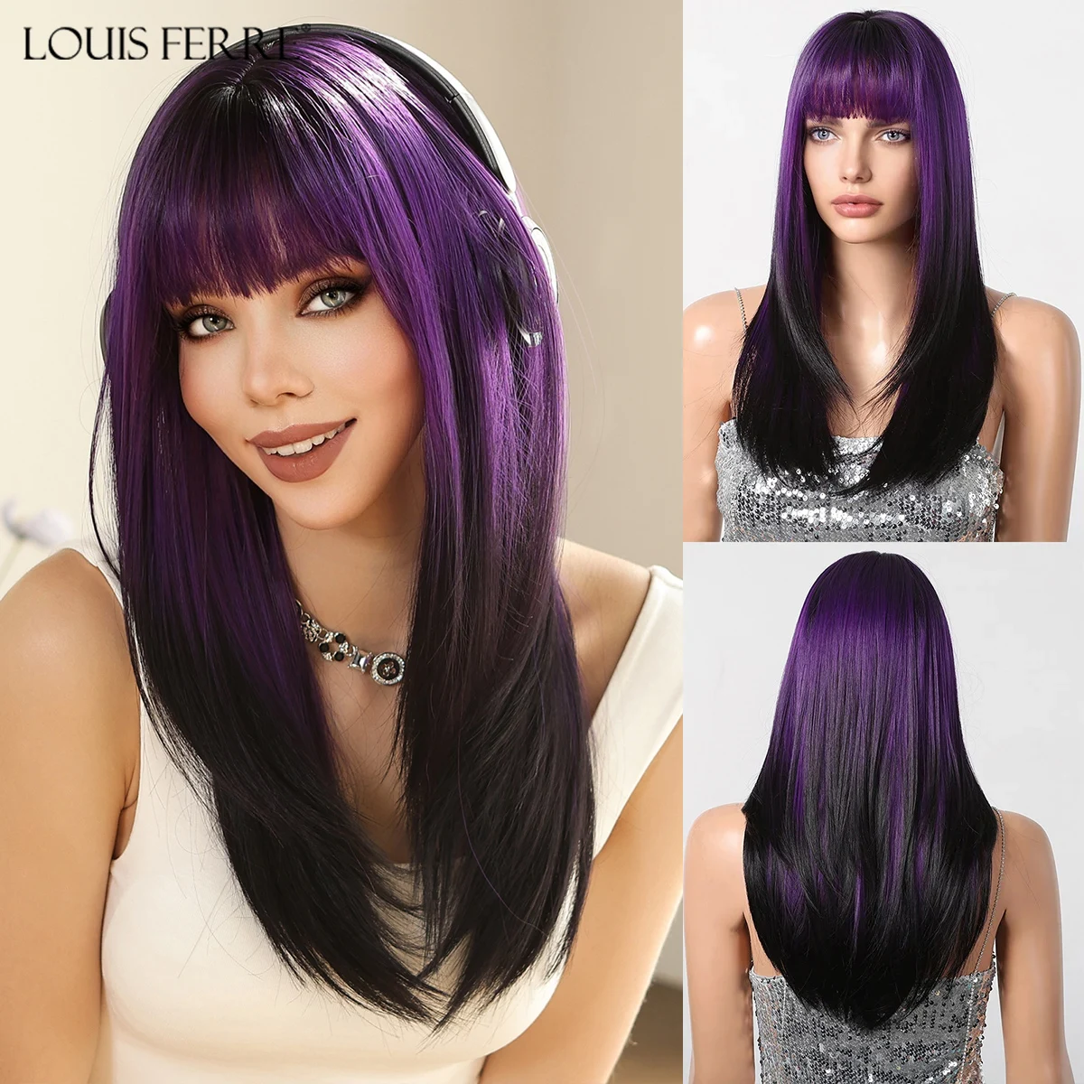 LOUIS FERRE Длинные прямые многослойные синтетические парики Омбре от черного до фиолетового Волосы для чернокожих женщин Накладные волосы с челкой для ежедневной вечеринки