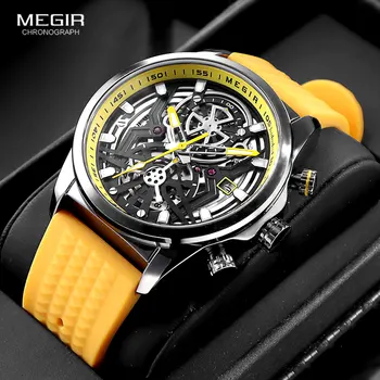 MEGIR Хронограф Кварцевые Часы Мужская Мода Водонепроницаемый Желтый Силиконовый Ремешок Спортивные Наручные Часы Со Светящимися Стрелками Авто Дата 2235
