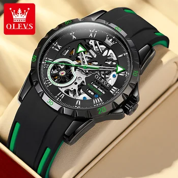 OLEVS Автоматические механические часы для мужчин Резиновый ремешок Водонепроницаемый полый светящийся циферблат Модные мужские наручные часы Horloges Reloj