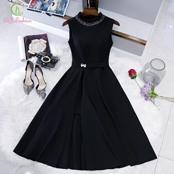 SSYFashion Новые маленькие черные платья для официального случая Элегантное атласное коктейльное платье без рукавов чайной длины для женщин Вечеринка