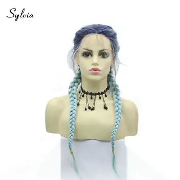 Sylvia Blue Парик с двойной косичкой и детскими волосами Синтетические кружевные передние парики для женщин Темно-синие корни Омбре Синяя коса Волосы без клея