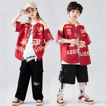 Бальный хип-хоп танец рейв-одежда для детей Красная куртка Рубашки Брюки-карго Костюм Девочки Уличная одежда Мальчики Джазовые костюмы DQS12851
