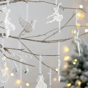 Белый Рождественский Блестящий Кулон Рождественская Елка Висячая Орнаменты Бант Пентаграмма Ангел Девушка Висит Кулон Счастливого Рождества Декор