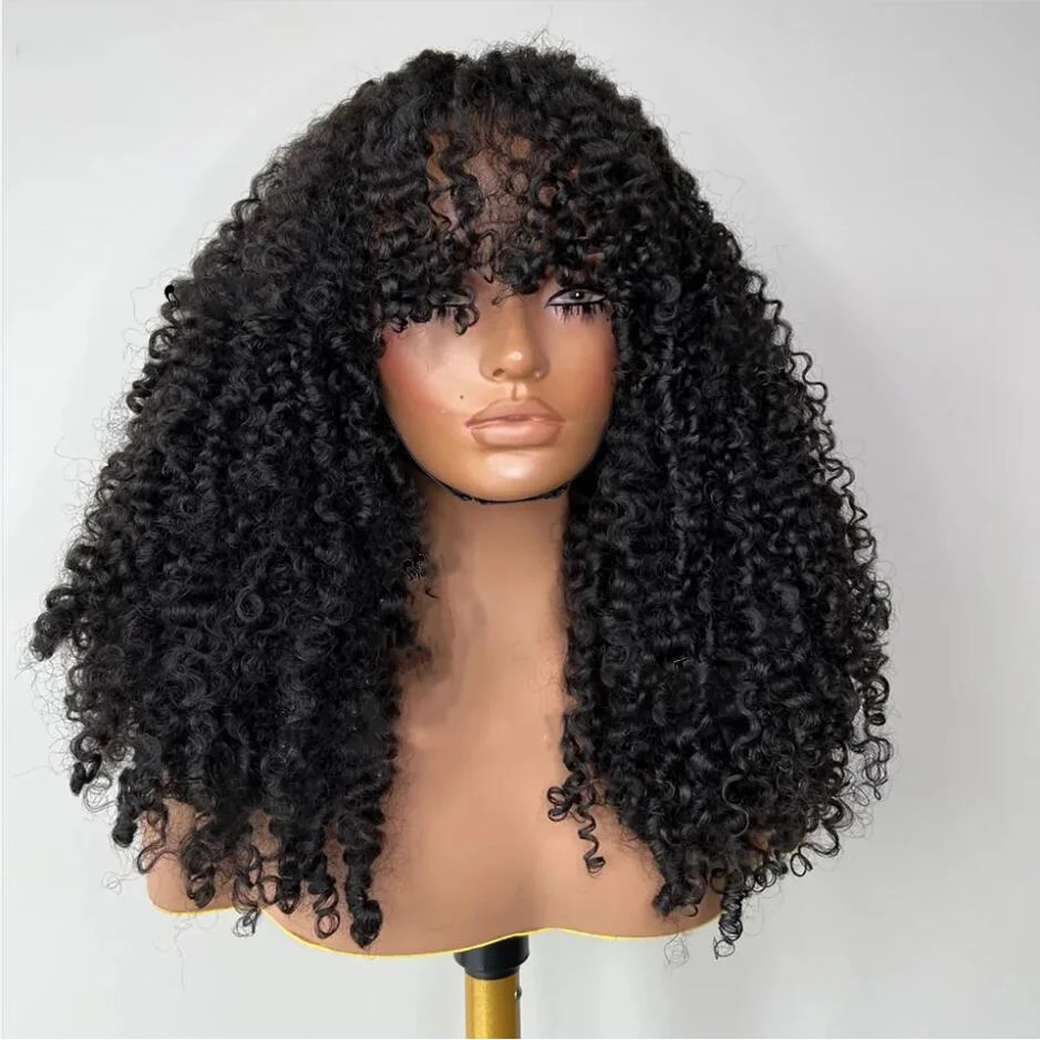 Бесклеевой натуральный черный 26-дюймовый кудрявый машинный парик с челкой для чернокожих женщин Высокотемпературный волокно Косплей Ежедневное использование Парик