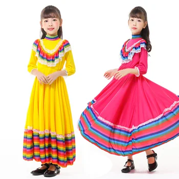 Высокое качество Маленькие девочки Мексиканское платье День рождения Хэллоуин Костюм Дети Ребенок Мексика Фламенко Танец Юбка