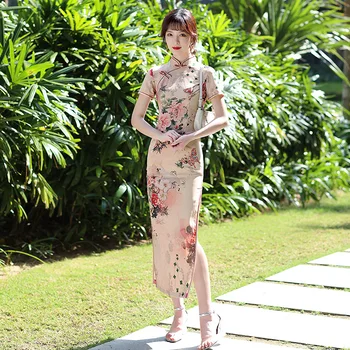  Женское атласное длинное облегающее платье Cheongsam Китайское традиционное платье с ретро-принтом Большие размеры Элегантные вечерние вестидосы Стоячая шея Qipao