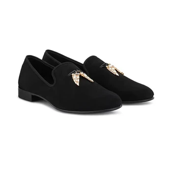 замша кожа металл бриллиант кулон мужская обувь черный британский стиль лофер формальный высококачественный плоский круглый носок свадебная офисная обувь