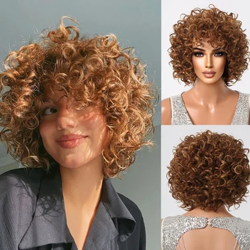 золотисто-коричневые синтетические парики короткие кудрявые парики-бомбы полный пушистый афро искусственные волосы для черных женщин ежедневный косплей термостойкий