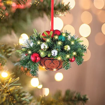 Искусственная подвесная цветочная корзина Рождественский кулон Зеленый красный венок Растение Рождественские елочные украшения Счастливого Рождества Ноэль