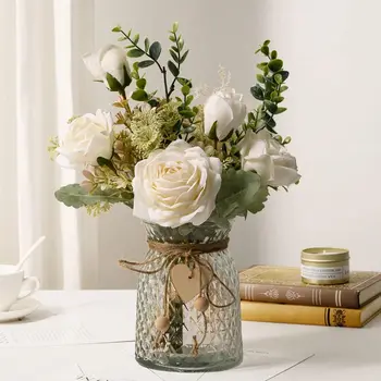 Искусственные розы Цветы с вазой, украшения стола для гостиной Свадебное украшение Украшение сада