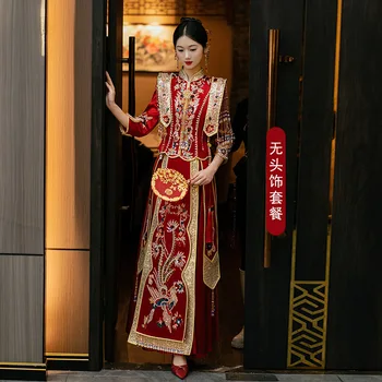 Китайский брак Невеста Бисероплетение Вечернее платье Тосты Одежда Блестящие пайетки Феникс Вышивка Свадебное платье Китайская одежда