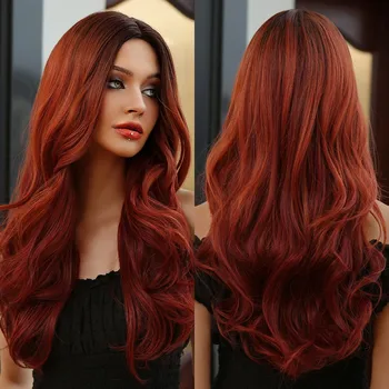 Красно-коричневый медный длинный волнистый синтетический парик косплей парик с темным корнем средней части омбре волосы натуральная вечеринка термостойкий парик использование