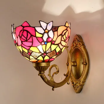 Красочный настенный светильник Tiffany Светодиодное бра для отеля Гостиная Спальня Винтажная бронзовая промышленная стеклянная крышка Настенное освещение