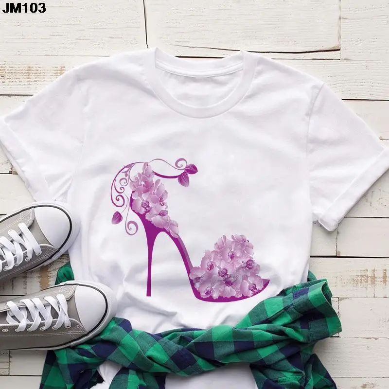 Мода Красивая футболка на высоких каблуках с принтом Женская одежда Топы Уличная одежда Футболка с о-образным вырезом Harajuku Женская футболка с коротким рукавом