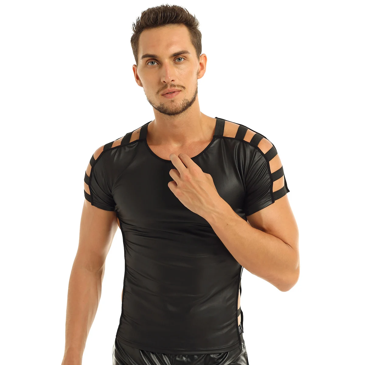 Модная мужская футболка из искусственной кожи Ночная уличная одежда с круглым вырезом 2023 Повседневные футболки с коротким рукавом Вырезанные черные сексуальные танцевальные футболки