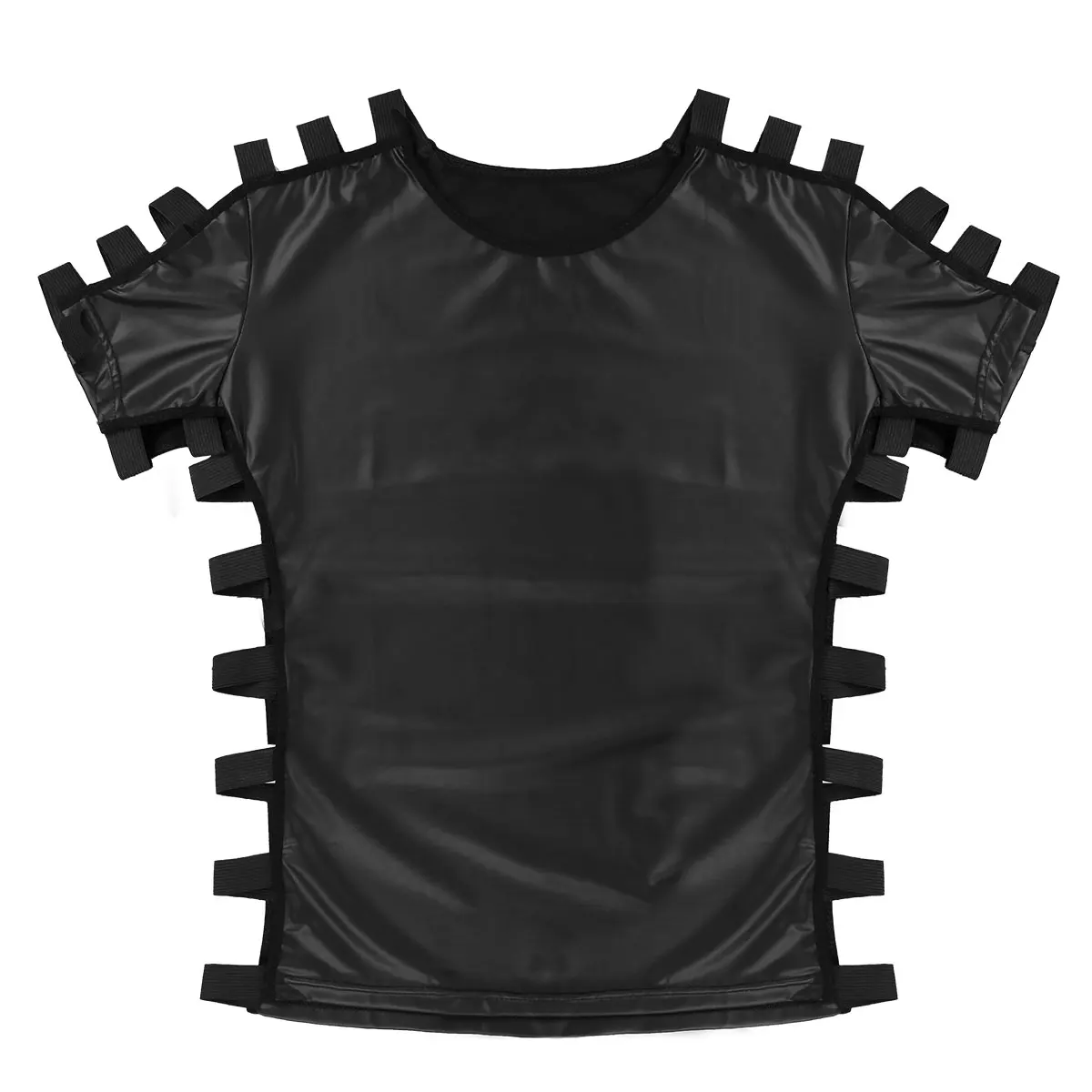 Модная мужская футболка из искусственной кожи Ночная уличная одежда с круглым вырезом 2023 Повседневные футболки с коротким рукавом Вырезанные черные сексуальные танцевальные футболки
