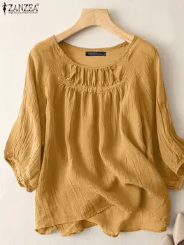 Модная плиссированная блузка ZANZEA Летние женские топы с вырезом 3/4 рукава рубашка Причинно-следственная свободная праздничная туника Blusas Beach Chemise Mujer