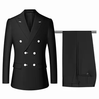 Мужские комплекты блейзеров Деловой двубортный пиджак с брюками Черный 2 шт. Формальные костюмы для вечеринок Свадебные брючные костюмы В наличии