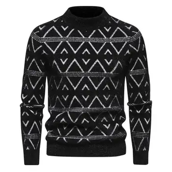Мужской свитер с геометрическим узором Мужской свитер с геометрическим узором Мягкий теплый пуловер с круглым вырезом для осенне-зимней моды в рубчик