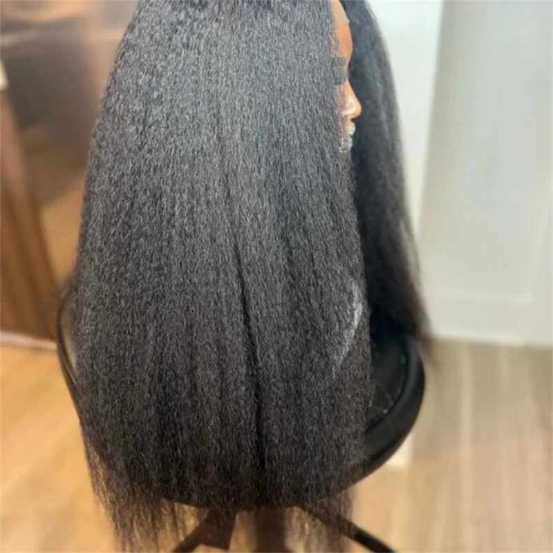 Мягкий натуральный черный Yaki Бесклеевой 26-дюймовый 180% плотный извращенный прямой кружевной передний парик для женщин BabyHair Prepeded Ежедневный косплей