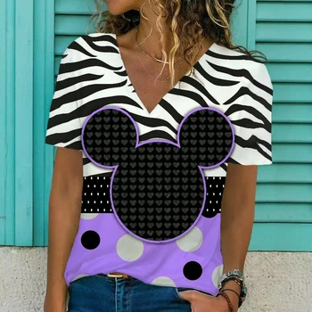 Новый летний топ Женская винтажная футболка с цветочным принтом 3D Disney Minnie Mouse Print Повседневная футболка с коротким рукавом и V-образным вырезом Топ XXS-5XL
