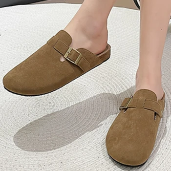 Обувь для женщин 2023 Высокое качество Осенние Лаконичные Женские Тапочки Однотонный Закрытый Носок Флок Одно Слово Пряжка Zapatillas De Mujer