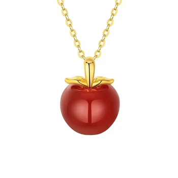 Подвеска из натурального красного агата 18-каратного золота Au750 Красное яблоко для женских ювелирных изделий с сертификатом