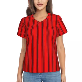 Полосатая футболка с принтом Черные и красные футболки в стиле хип-хоп Женская повседневная футболка с V-образным вырезом 2024 Пляжная одежда с коротким рукавом