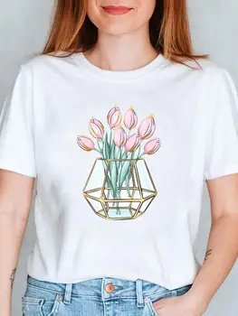 Прекрасный цветок Милый стиль 90-х Мода Печатная футболка с коротким рукавом T Женские повседневные графические футболки Одежда Лето Женская одежда
