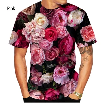 Розовая футболка Мужская модная футболка с 3D-печатью Летняя повседневная рубашка с коротким рукавом Цветочная рубашка Топ