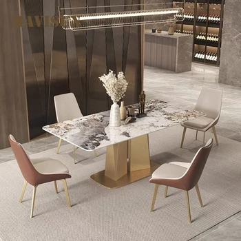 Светлый роскошный мраморный обеденный стол Высококачественная кухонная островная мебель Простой каменный прямоугольный обеденный стол и стулья Pandora