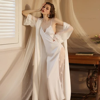 сексуальная ночная рубашка женщина длинное платье-кимоно французское кружево lce шелковый атласный халат ночная рубашка пижама винтажное домашнее платье халат