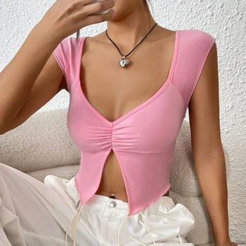 Сексуальный плиссированный плиссированный топ с коротким рукавом с V-образным вырезом Всематчевая футболка Лето Женщины Y2k Эстетика Базовый Повседневный Розовый Черный Уличная одежда