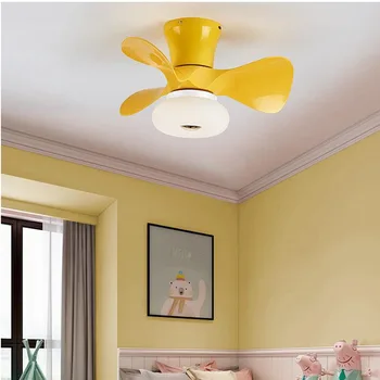 Цвет дерева Маленькие потолочные вентиляторы Свет для гостиной Спальня Симпатичные красочные вентиляторы Macoron Лампа 22-дюймовое приложение Затемняющие умные вентиляторы